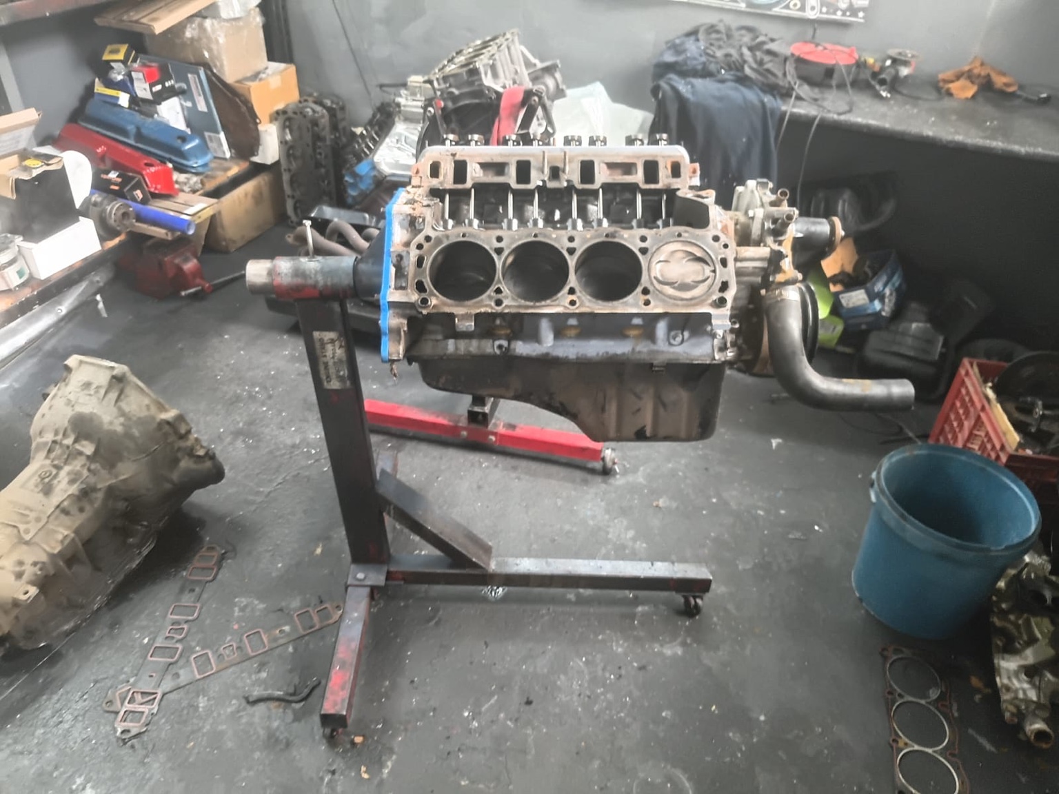 Engine on the stand during strip-down.